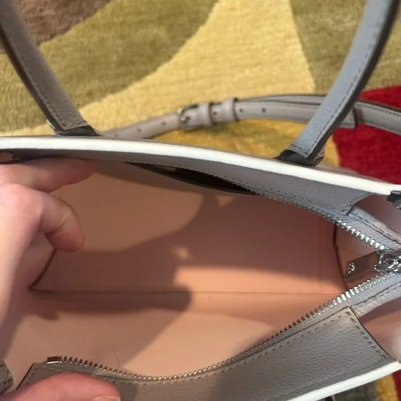Kate Spade New York Eva Small Top Zip Satchel Leather Bag Purse Grey White Pink